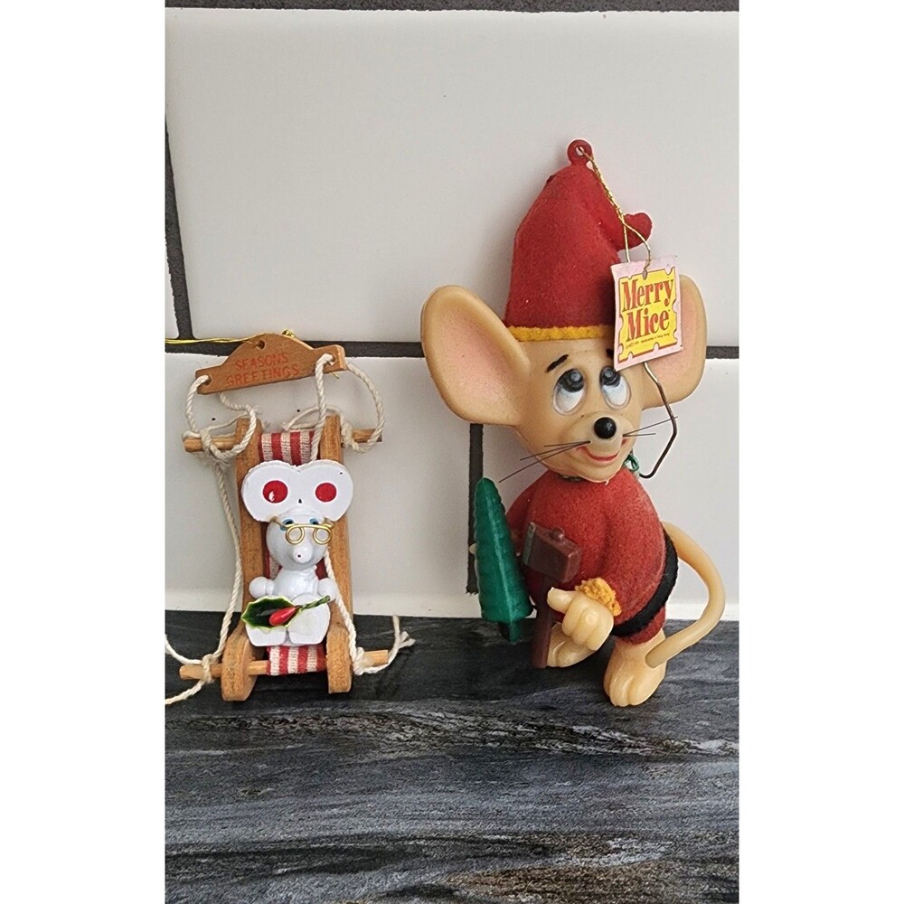 Mixed Lot Vtg 1979 Jasco Merry Mice Christmas Ornament Tagged Mouse on Wood Sled